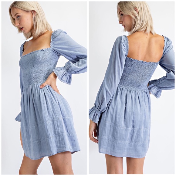 Edit By Nine Adorable Dusty Blue Smocked Bodice Long Puff Sleeves Dress - Picture 7 of 10